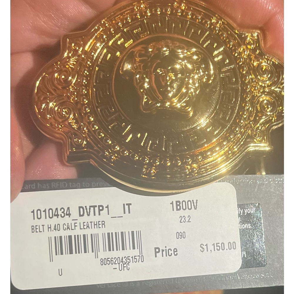 Black Calf Leather Versace Belt with a Gold Buckle. Size 90/36 $1000